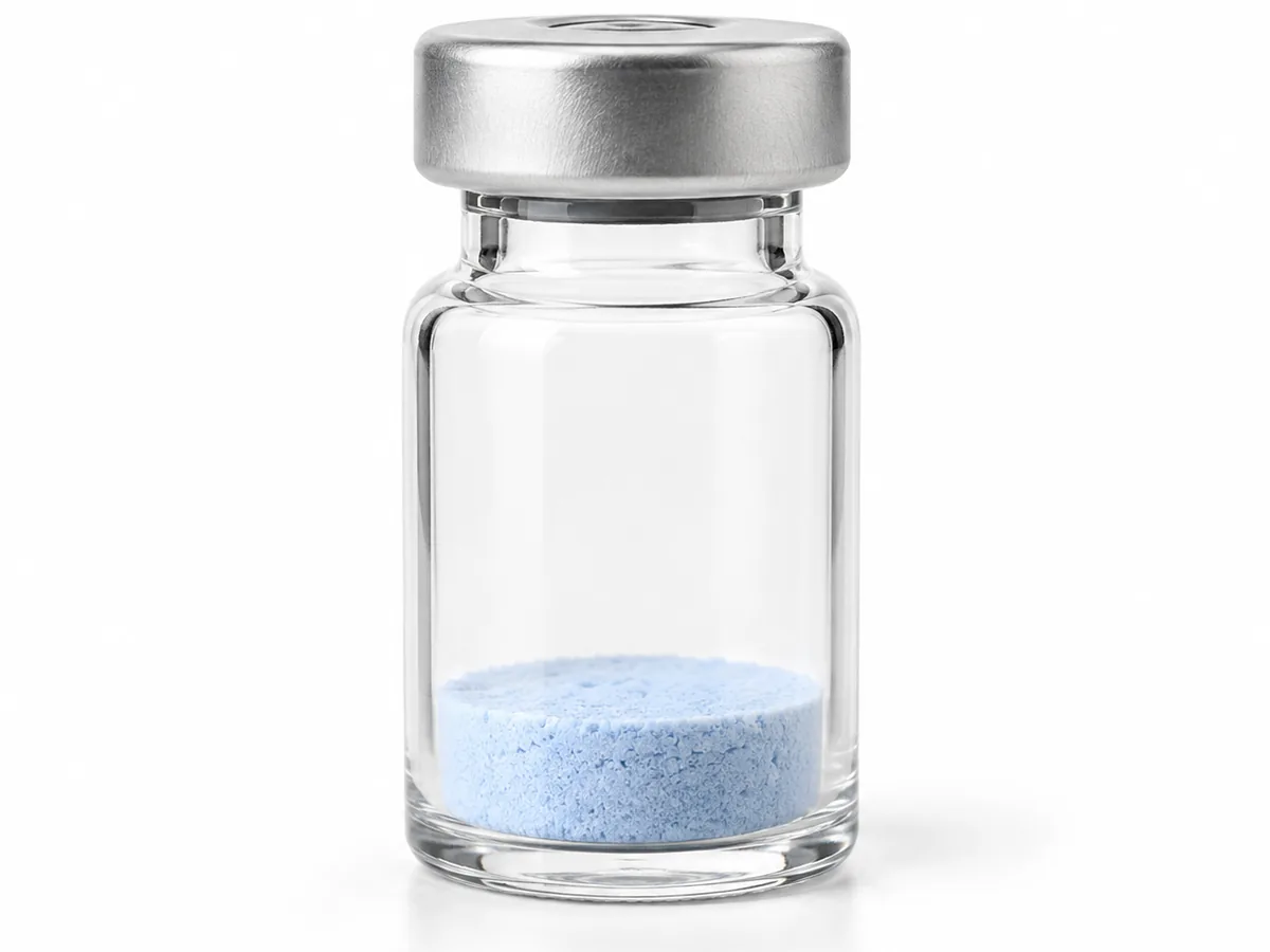 Clear glass vial with a silver crimp cap holding a pale-blue lyophilized GHK-Cu cake at the bottom, on a white background