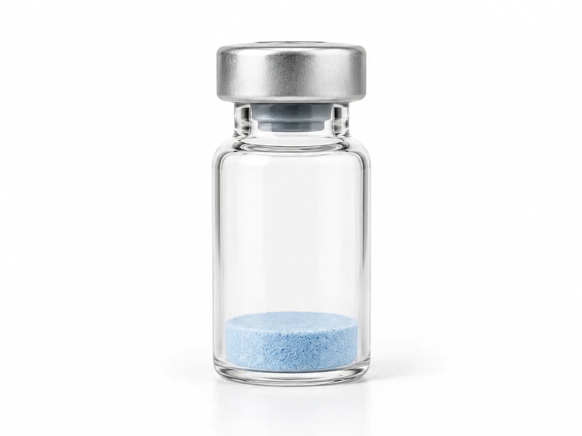 Sealed clear glass vial with a pale-blue lyophilized GHK-Cu cake, silver crimp cap and grey rubber stopper, on a white background