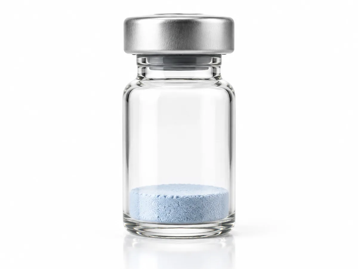 Clear glass vial with a pale-blue lyophilized GHK-Cu cake and a silver crimp cap, with a soft reflection on a white surface