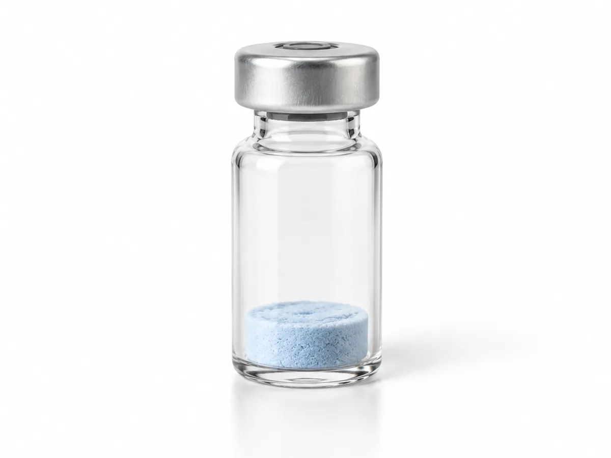 Clear glass vial with a small pale-blue lyophilized GHK-Cu cake and a silver crimp cap, centred on a white studio background