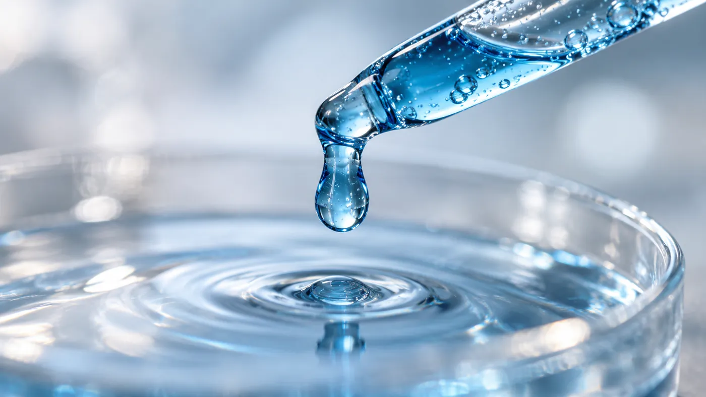Pipette adding a drop of blue liquid to a glass dish of clear liquid on a laboratory bench
